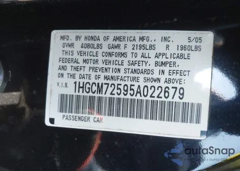 2005 Honda Accord 2.4 Lx Special Edition from USA, damaged, VIN 1HGCM72595A022679